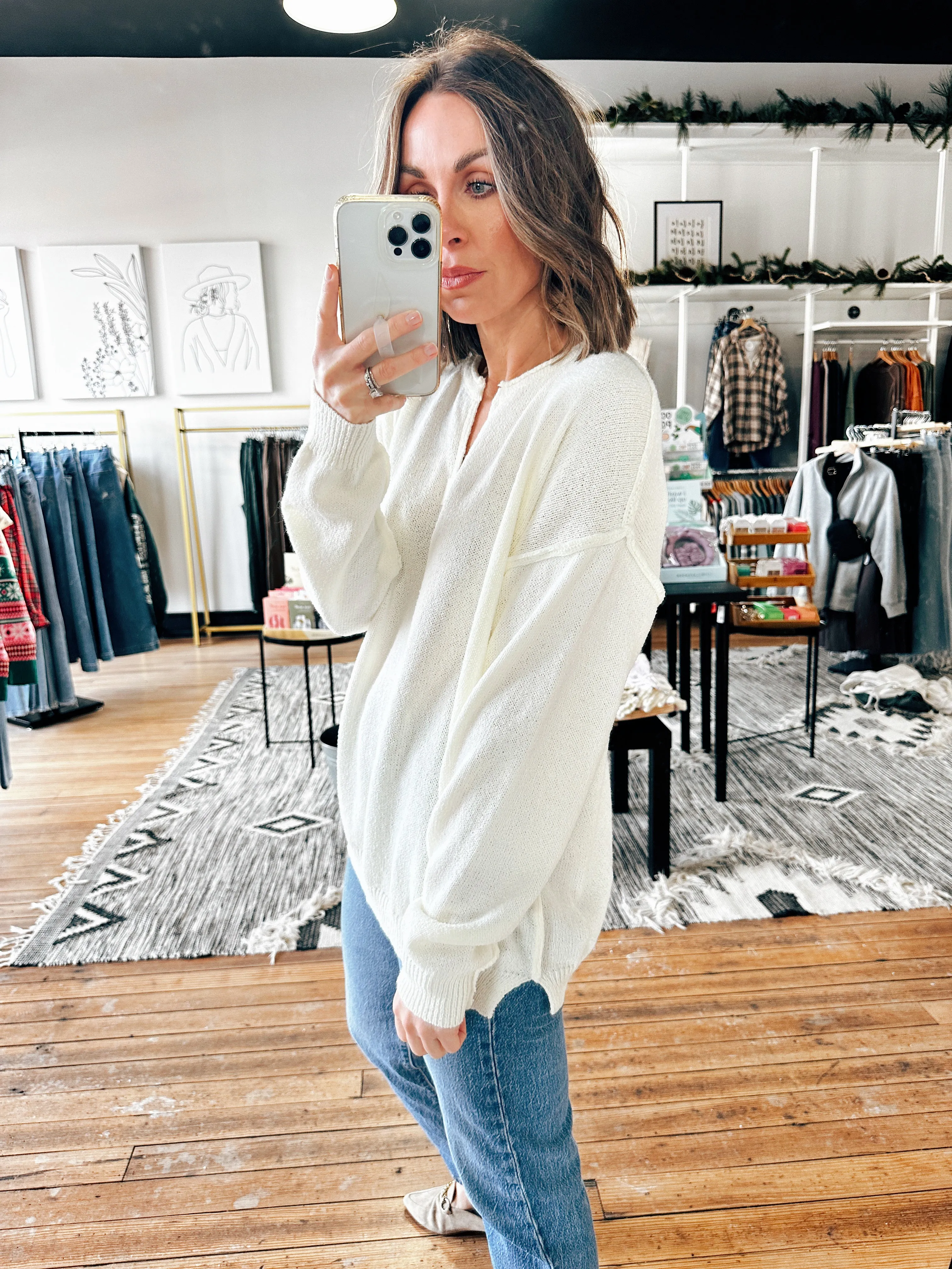 Notched Neck Long Sleeve Sweater-2 Colors