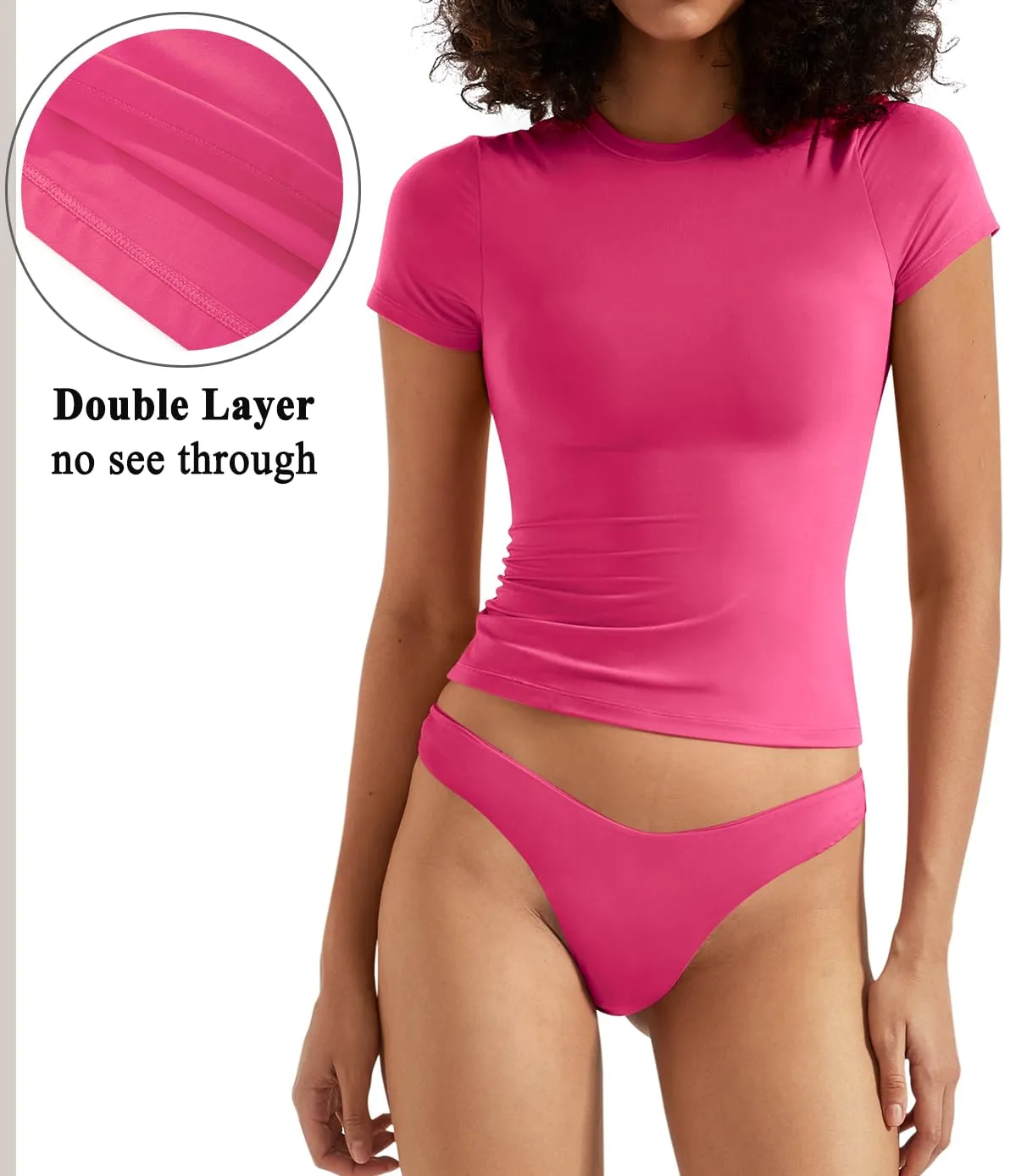OMKAGI Double Lined Slim Fit T Shirts for Women Short Sleeve Crew Neck Crop Top(M,74-Pink)