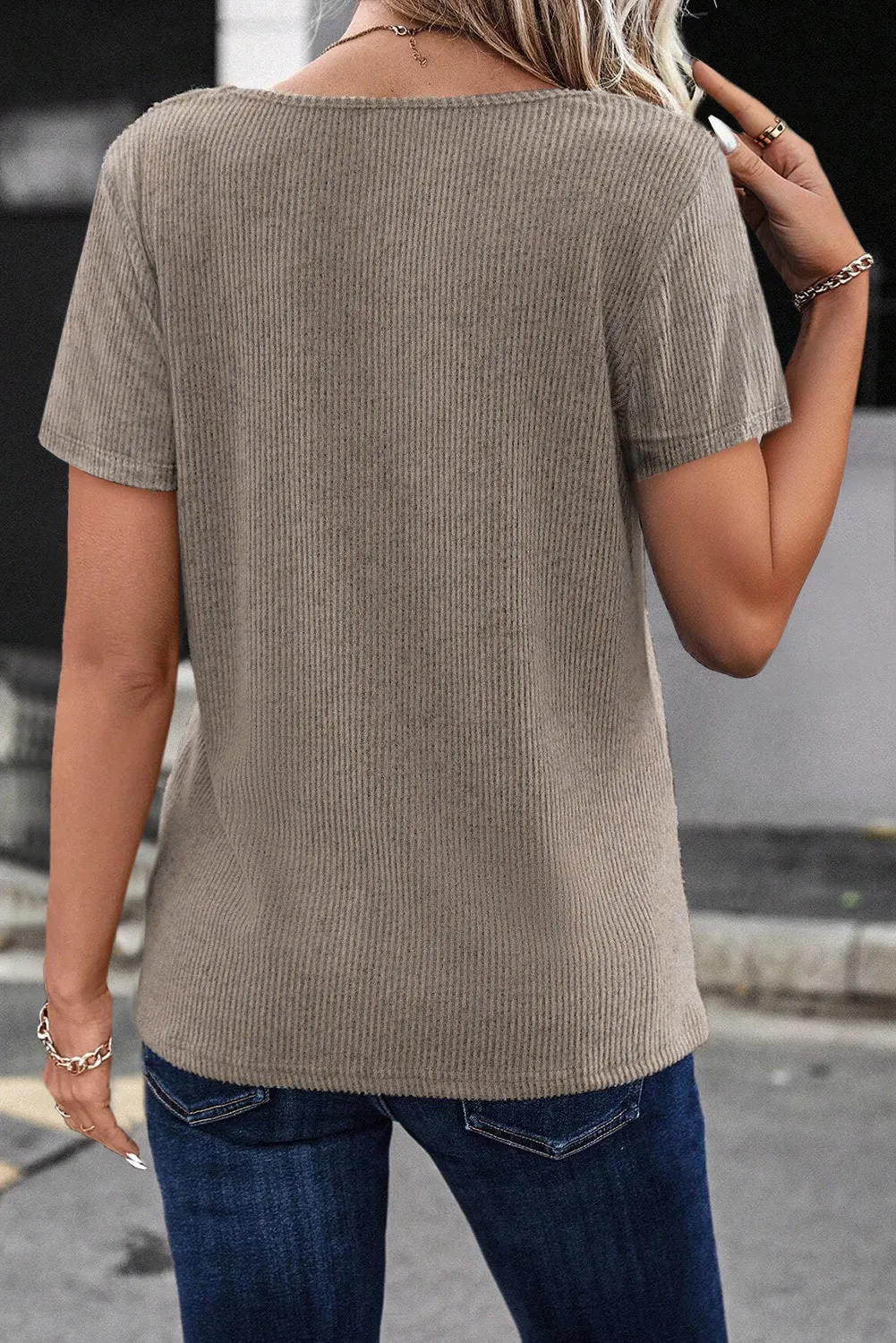 Pale Khaki Buttoned Strappy V Neck Ribbed Tee