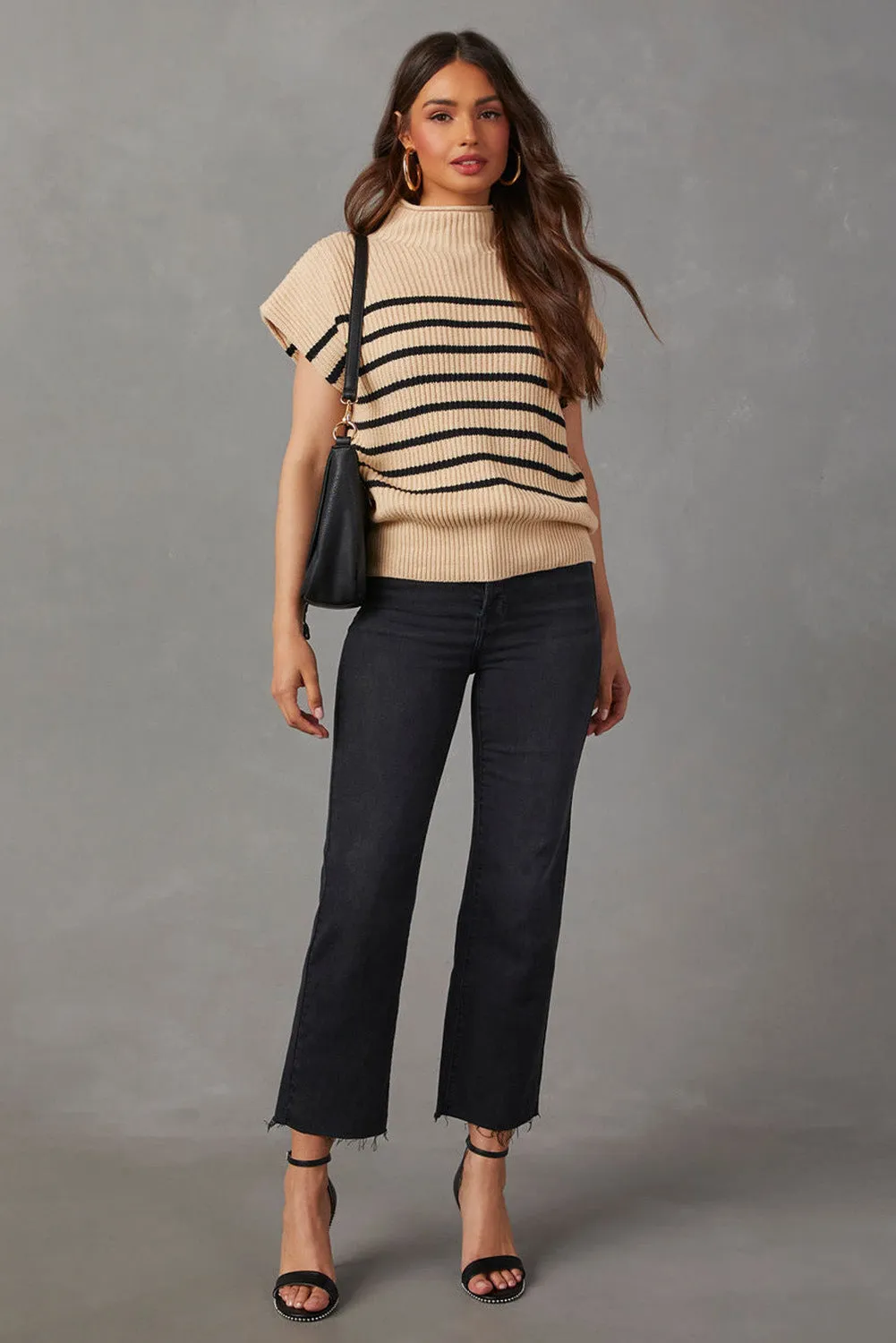 Parchment Striped Contrast Mock Neck Sweater Vest