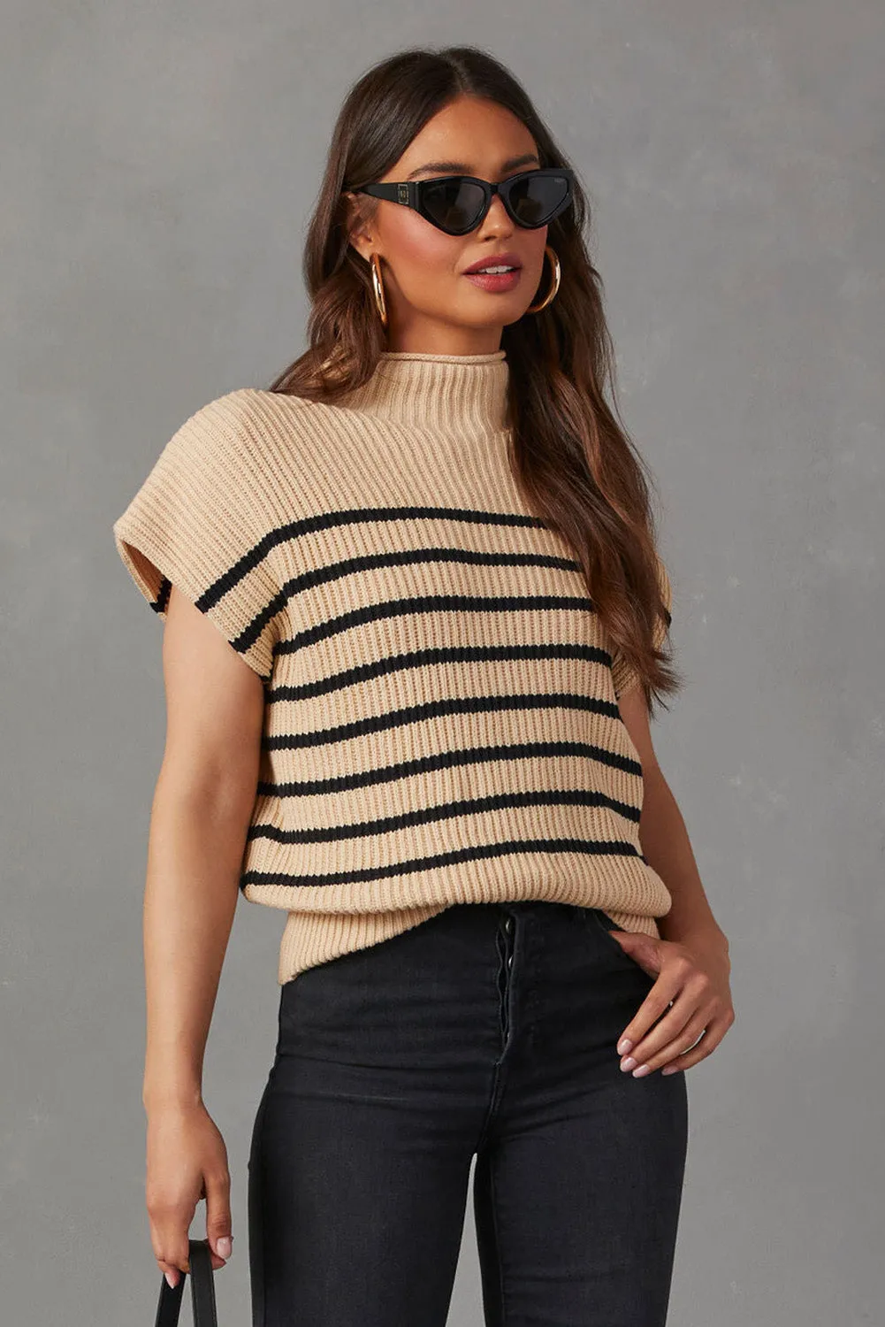 Parchment Striped Contrast Mock Neck Sweater Vest