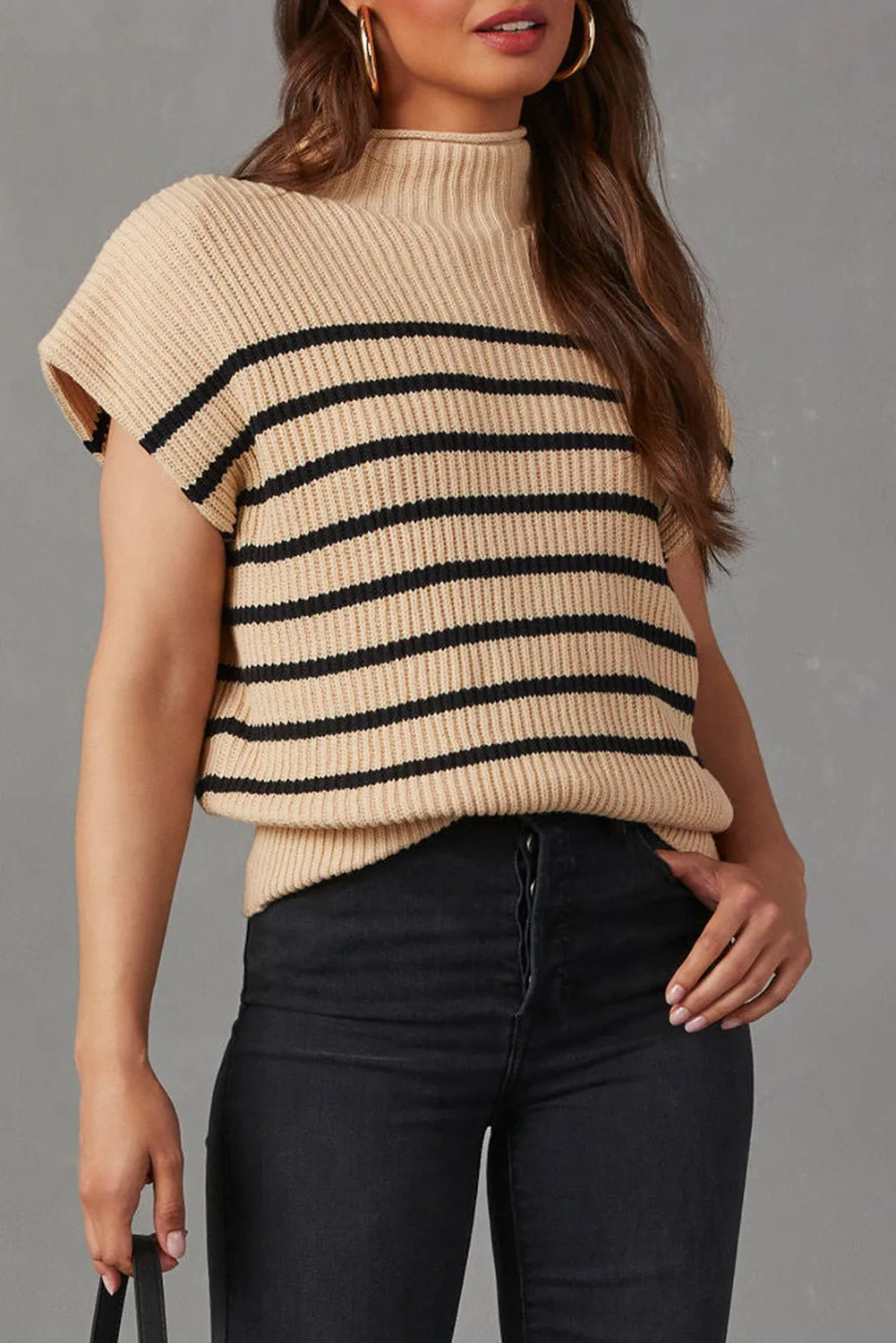 Parchment Striped Contrast Mock Neck Sweater Vest