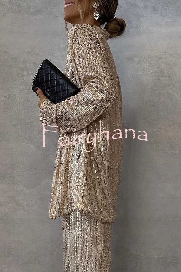 Party Scene Sequin Open Front Long Sleeve Drape Coat
