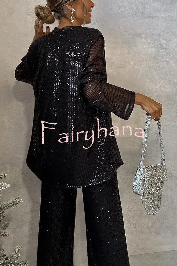 Party Scene Sequin Open Front Long Sleeve Drape Coat