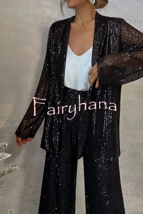 Party Scene Sequin Open Front Long Sleeve Drape Coat
