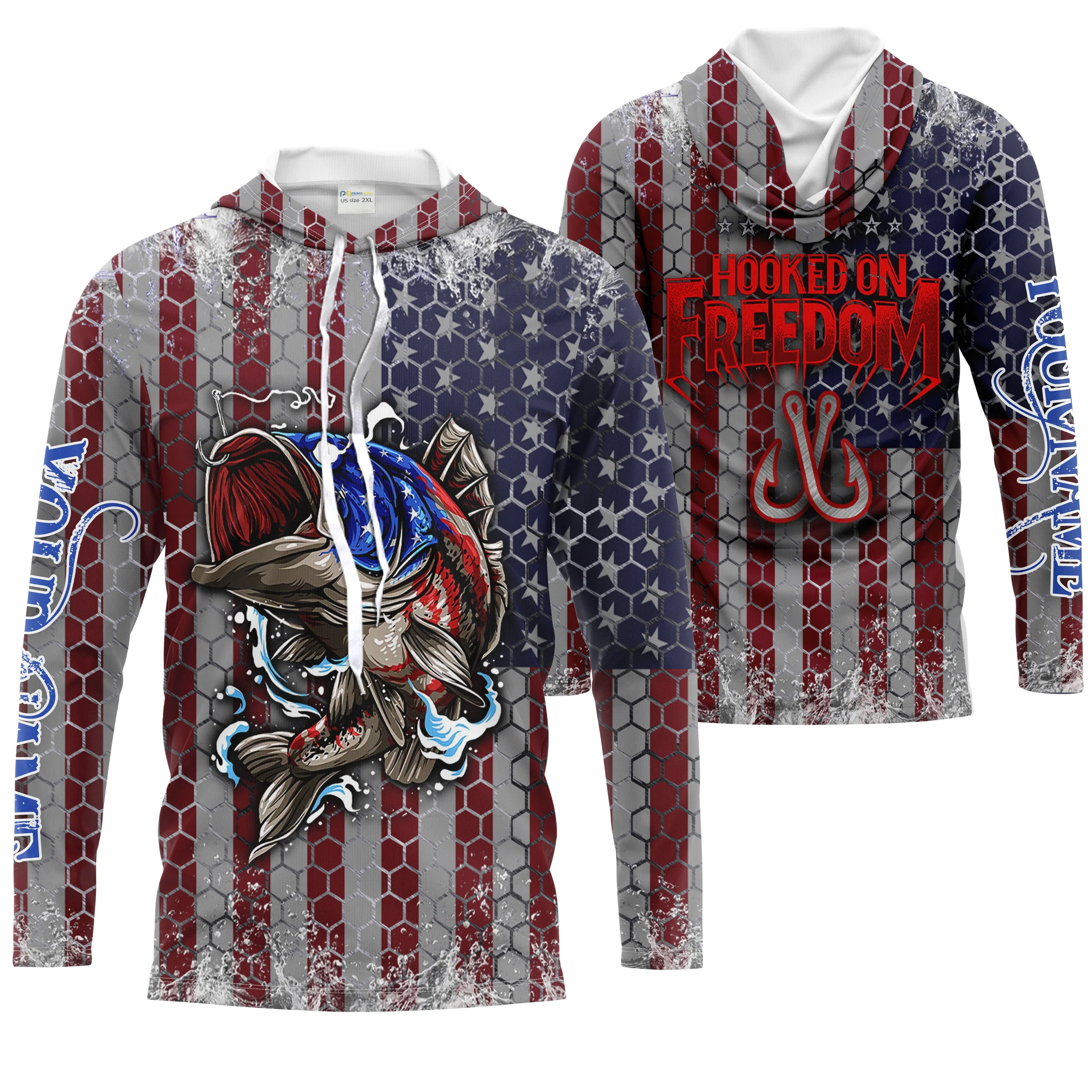 Personalized Bass Fishing American Flag Men Long sleeve performance Fishing Shirts, Patriotic Hooked on Freedom - HPW7