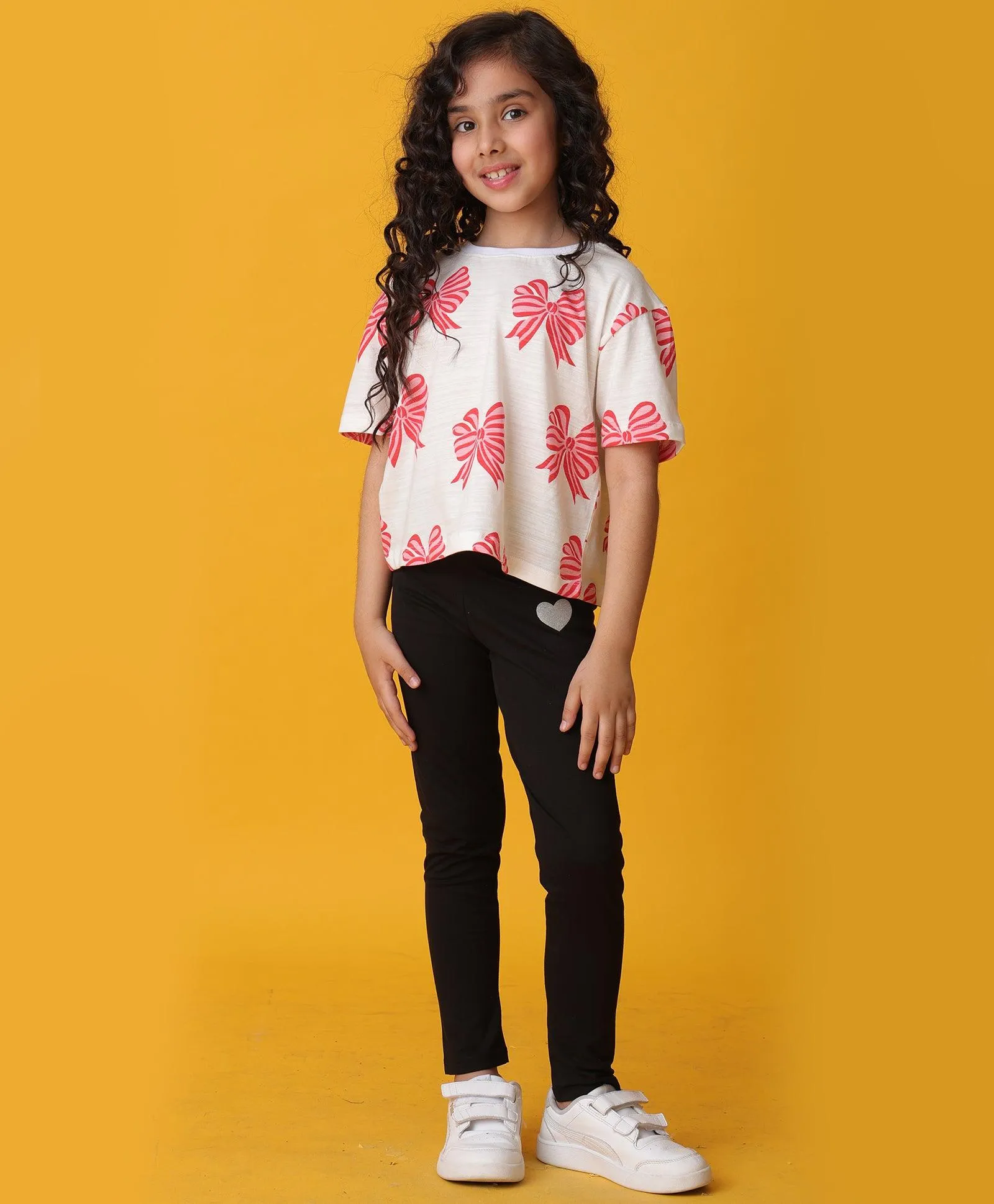 PINK BOW SUMMER BLACK LEGGINGS SET - WHITE/BLACK