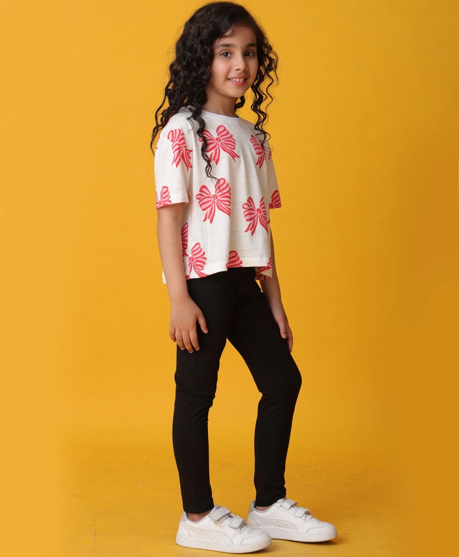 PINK BOW SUMMER BLACK LEGGINGS SET - WHITE/BLACK