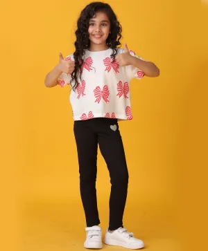 PINK BOW SUMMER BLACK LEGGINGS SET - WHITE/BLACK