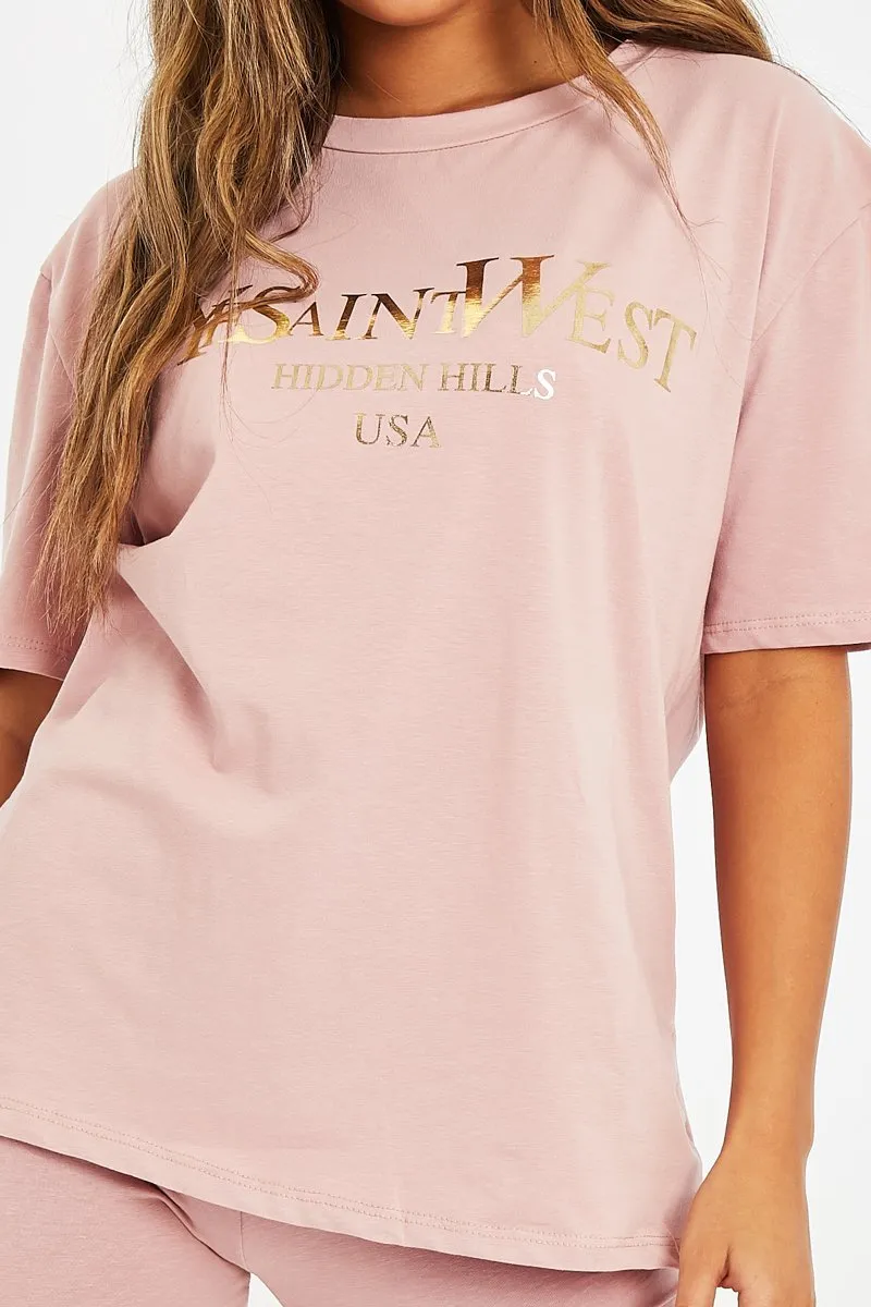 Pink Gold Beverly Hills T-shirt Cycling Shorts Co-ord - Laura
