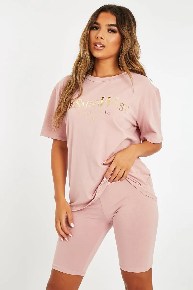 Pink Gold Beverly Hills T-shirt Cycling Shorts Co-ord - Laura
