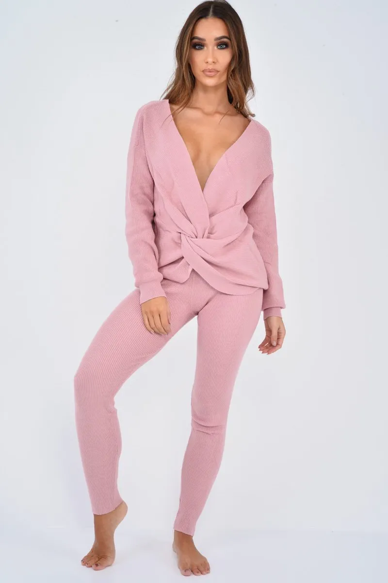 Pink Knot Front Knit Loungewear Set - Lorelei