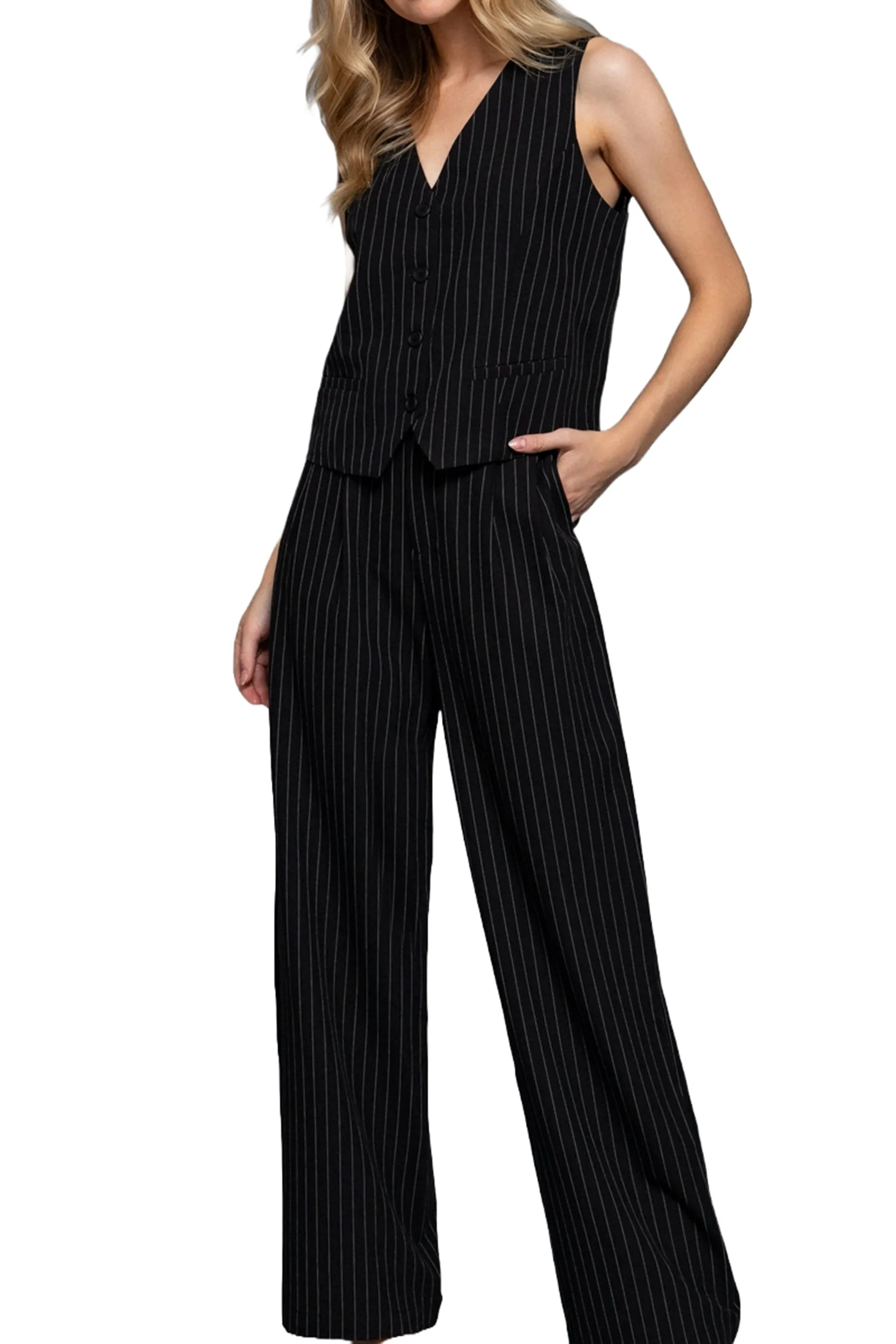 Pinstripe V-Neck Woven Vest Button Down Stretch Fabric Blend ZJ14185C28 $10.50Each