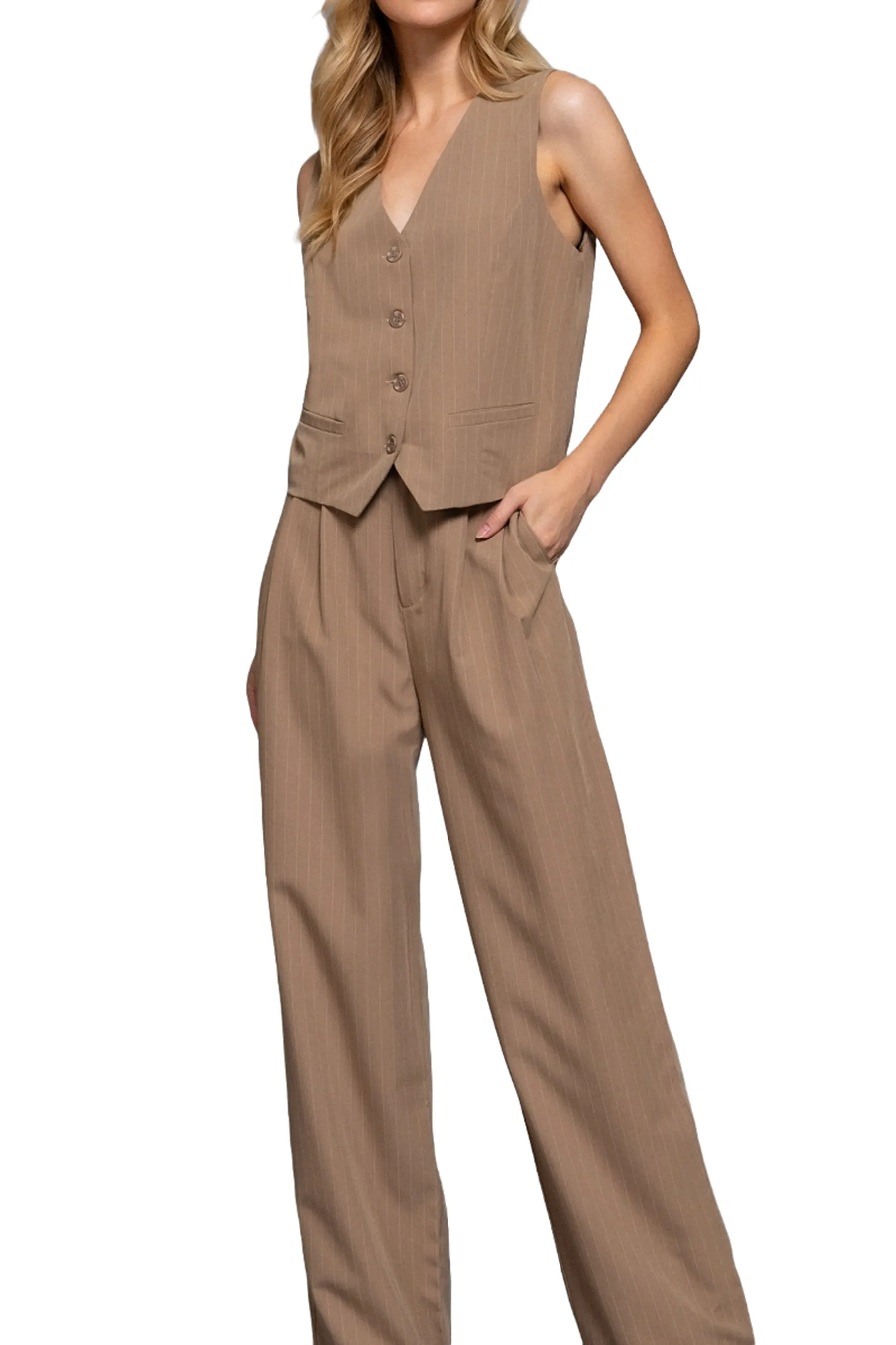 Pinstripe V-Neck Woven Vest Button Down Stretch Fabric Blend ZJ14185C28 $10.50Each