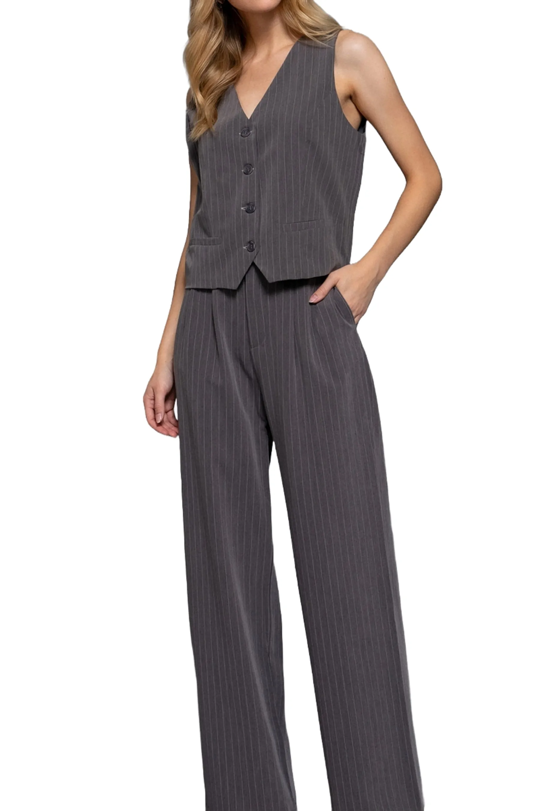 Pinstripe V-Neck Woven Vest Button Down Stretch Fabric Blend ZJ14185C28 $10.50Each