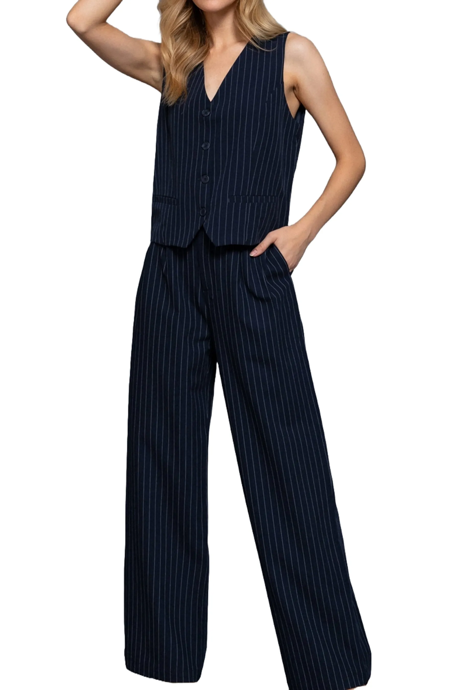 Pinstripe V-Neck Woven Vest Button Down Stretch Fabric Blend ZJ14185C28 $10.50Each