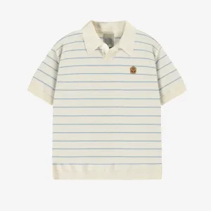 Polo crème et bleu en tricot à rayures, enfant || Cream and blue striped knit polo, child