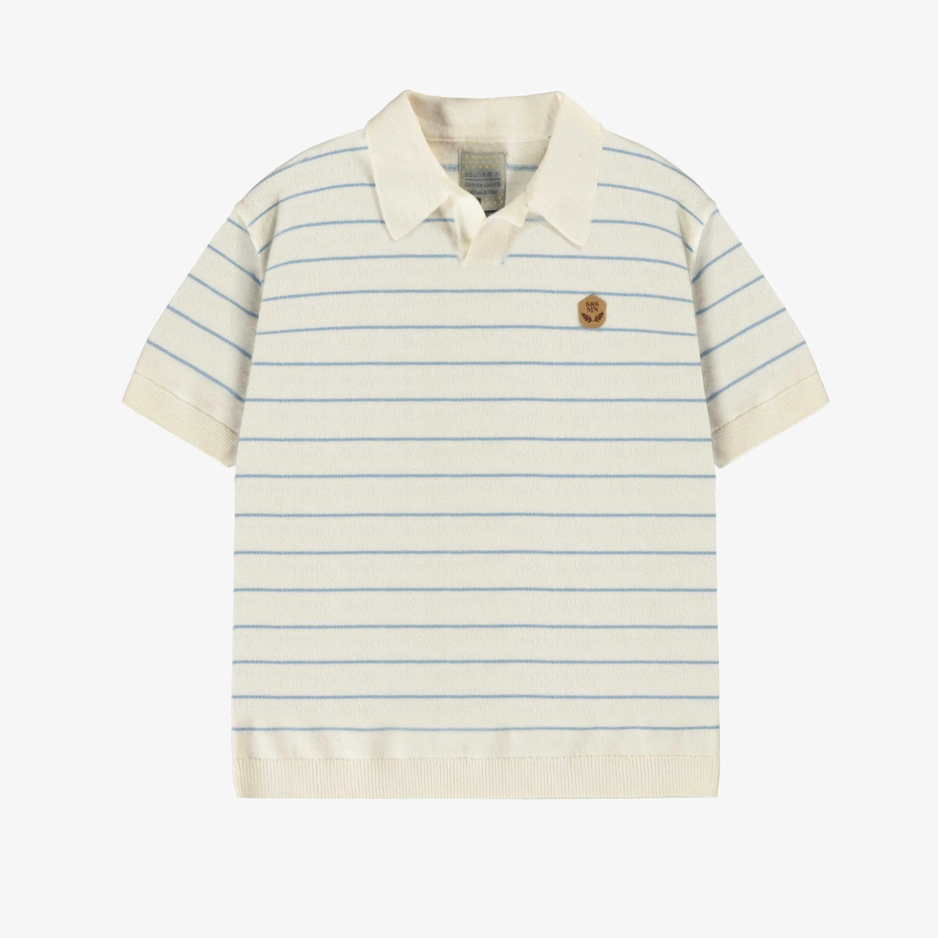 Polo crème et bleu en tricot à rayures, enfant || Cream and blue striped knit polo, child