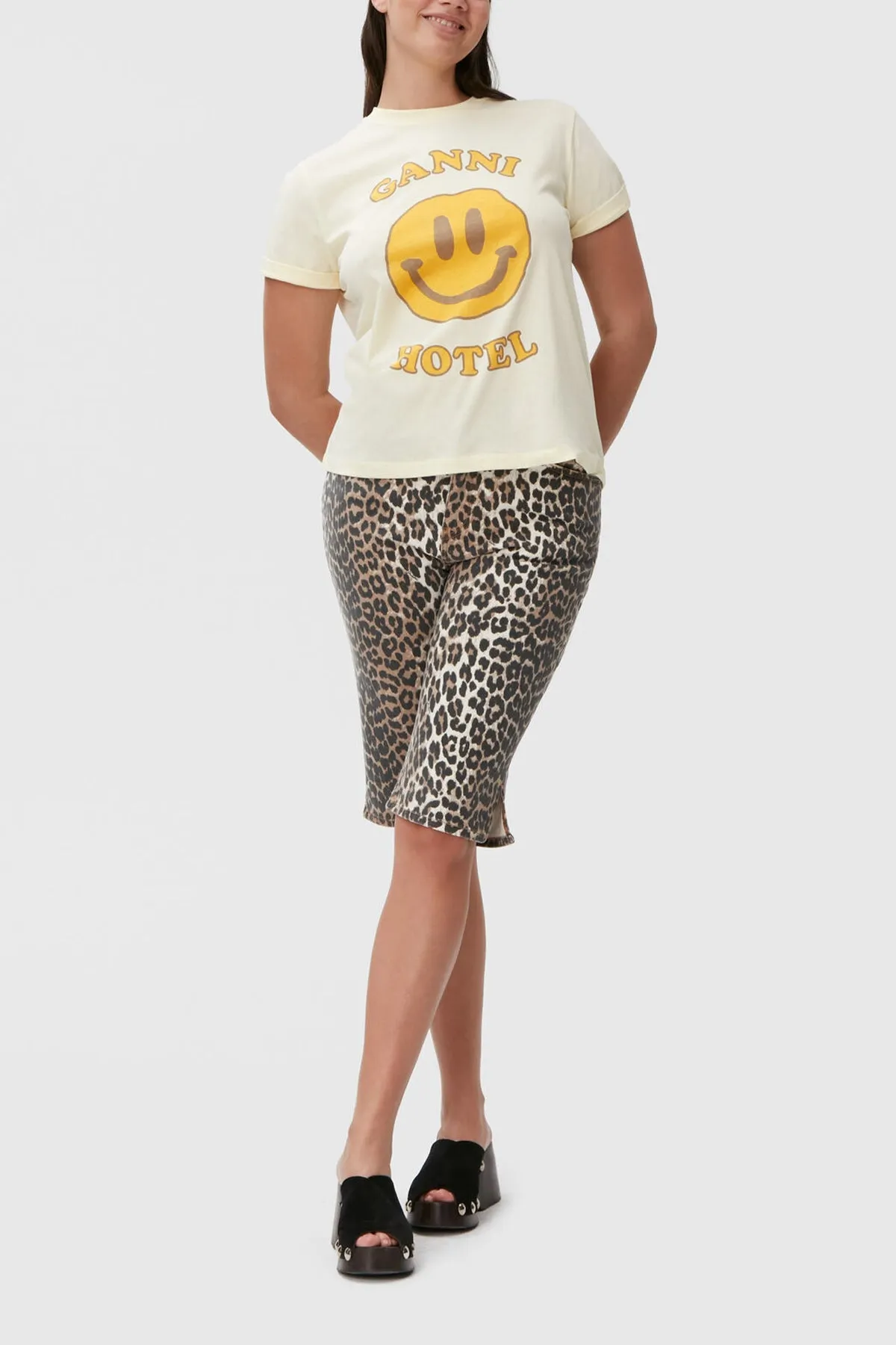 Print Denim Knee Length Shorts in Leopard