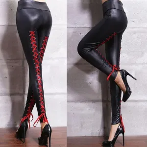 Punk Rock Sexy Bandage Leather Leggings with High-Waist Lace-Up Bodycon Pencil Design