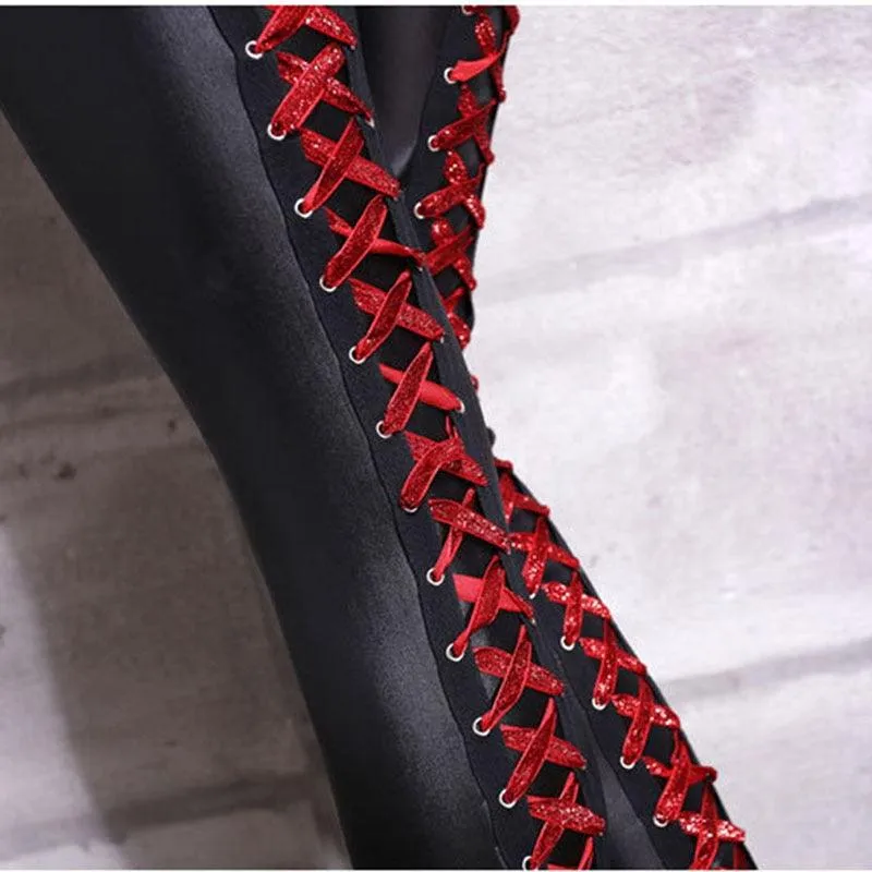Punk Rock Sexy Bandage Leather Leggings with High-Waist Lace-Up Bodycon Pencil Design