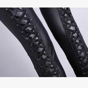 Punk Rock Sexy Bandage Leather Leggings with High-Waist Lace-Up Bodycon Pencil Design