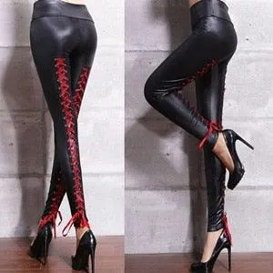 Punk Rock Sexy Bandage Leather Leggings with High-Waist Lace-Up Bodycon Pencil Design