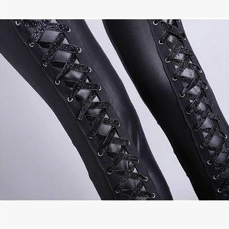Punk Rock Sexy Bandage Leather Leggings with High-Waist Lace-Up Bodycon Pencil Design
