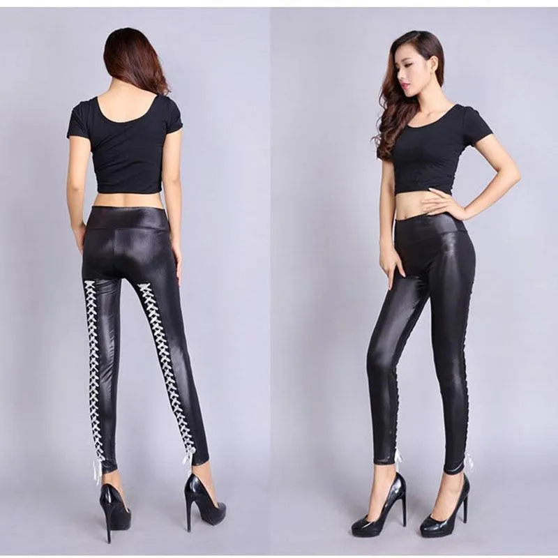 Punk Rock Sexy Bandage Leather Leggings with High-Waist Lace-Up Bodycon Pencil Design