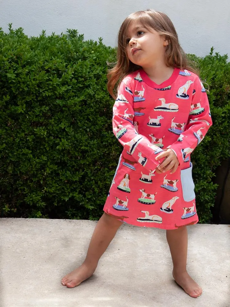 Puppy Power Cerise Pink Long Sleeved Girls Dress