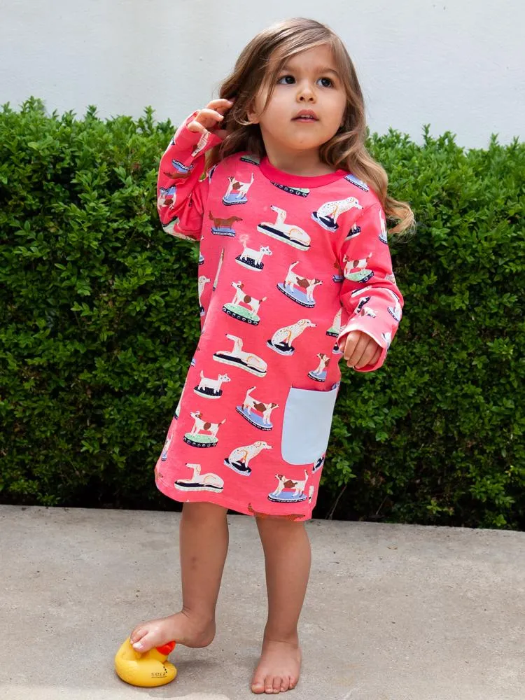 Puppy Power Cerise Pink Long Sleeved Girls Dress