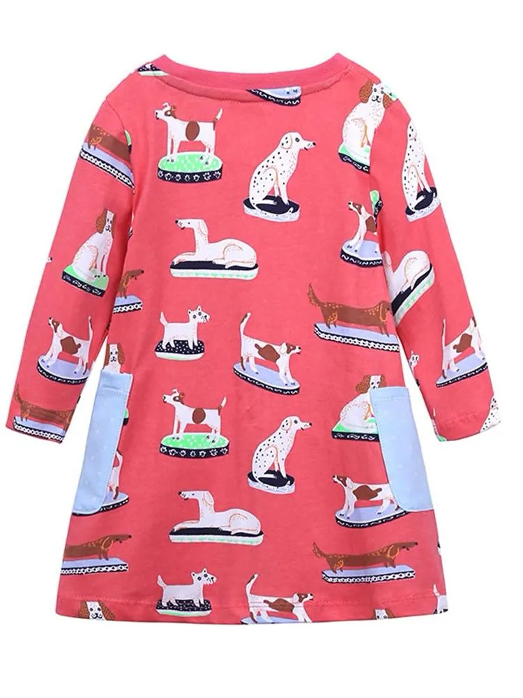 Puppy Power Cerise Pink Long Sleeved Girls Dress