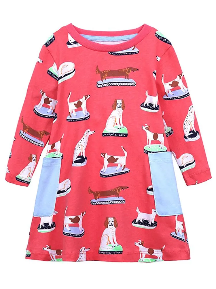 Puppy Power Cerise Pink Long Sleeved Girls Dress