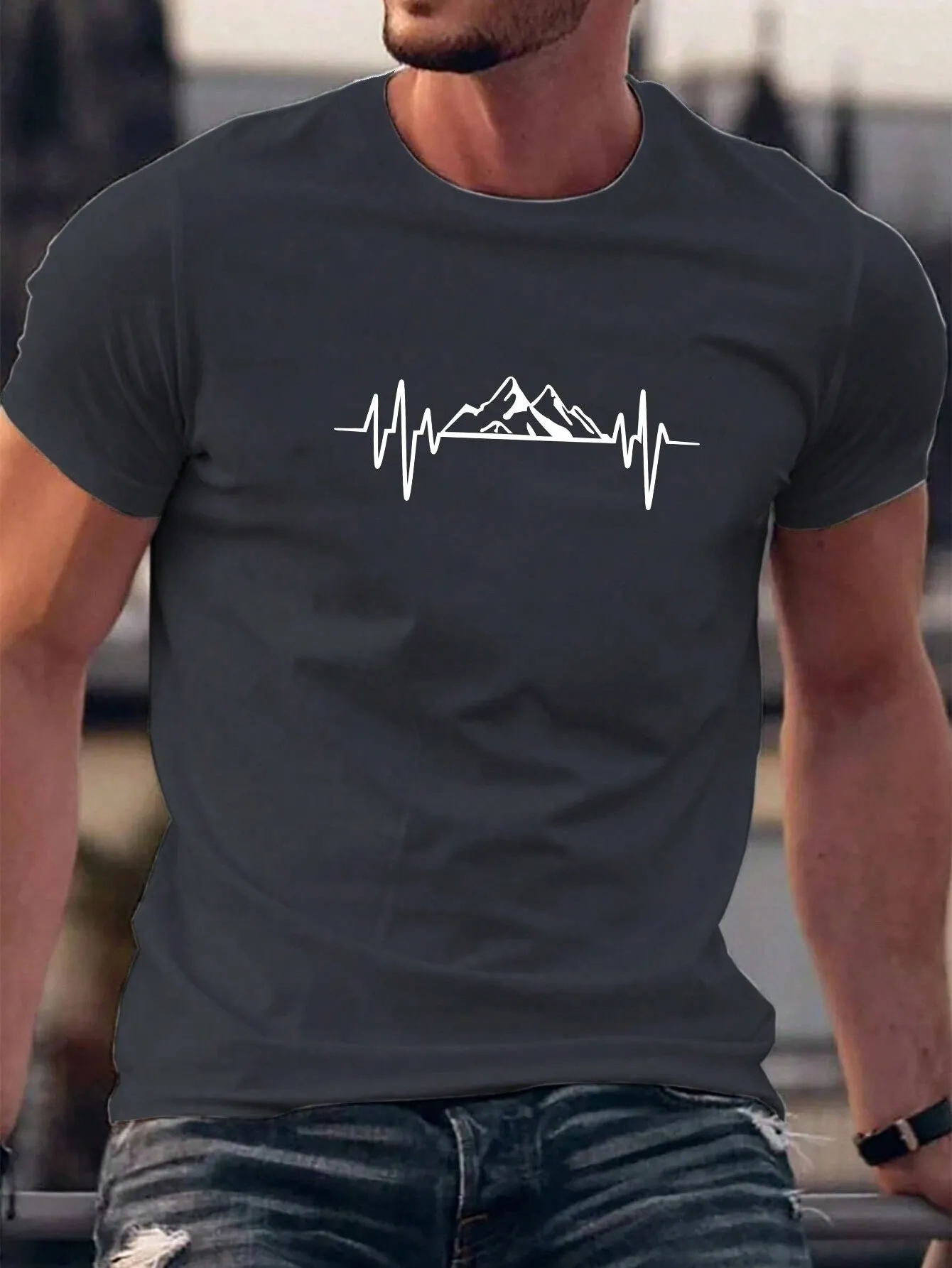 QA Homme Men's Mountain Printed Round Neck Short Sleeve T-Shirt