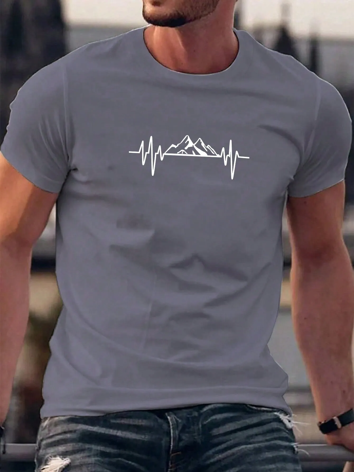 QA Homme Men's Mountain Printed Round Neck Short Sleeve T-Shirt