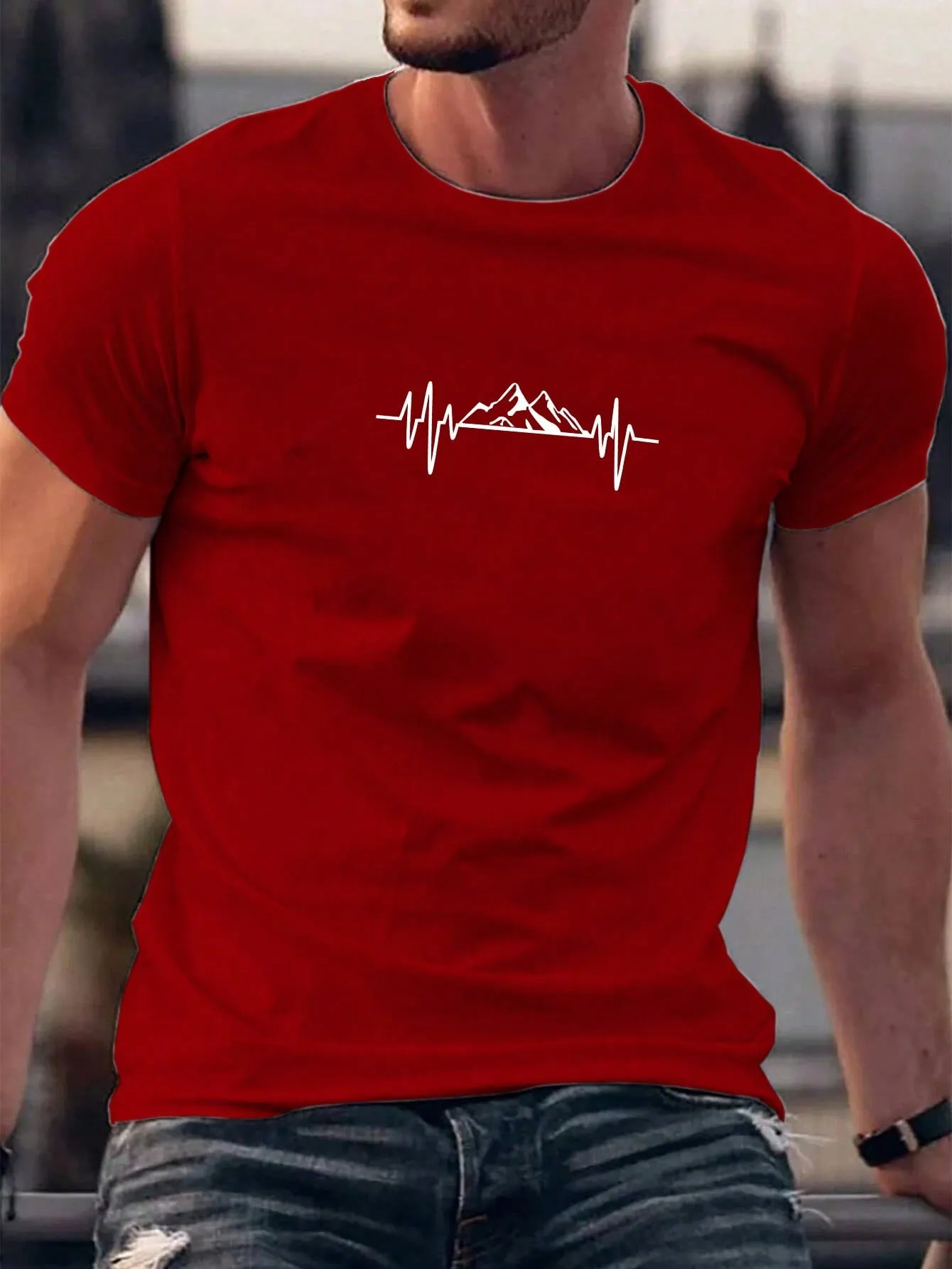 QA Homme Men's Mountain Printed Round Neck Short Sleeve T-Shirt