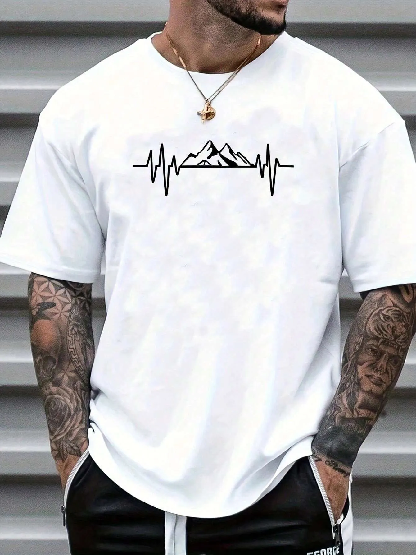 QA Homme Men's Mountain Printed Round Neck Short Sleeve T-Shirt