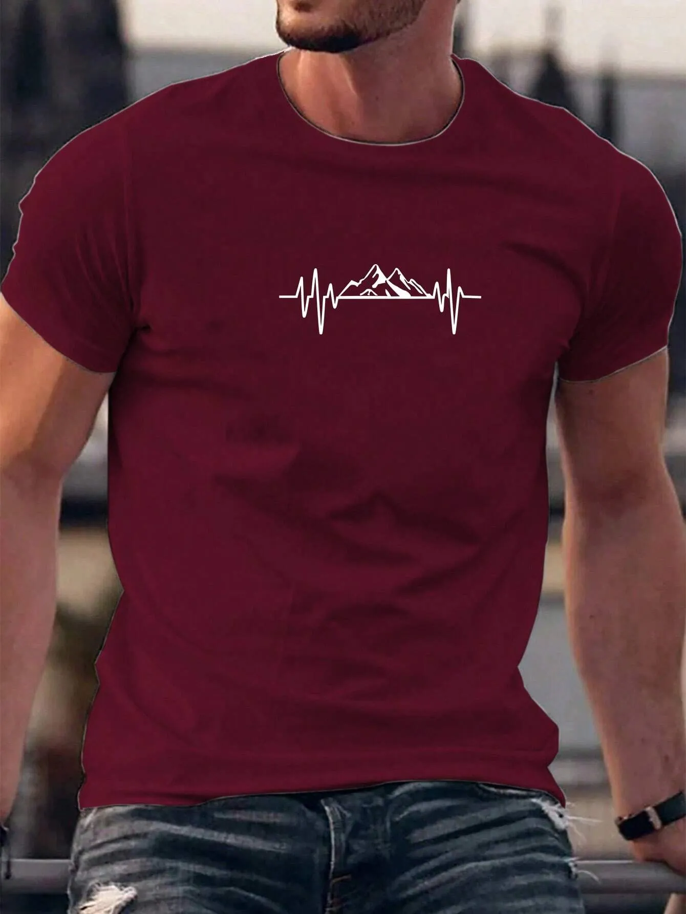 QA Homme Men's Mountain Printed Round Neck Short Sleeve T-Shirt