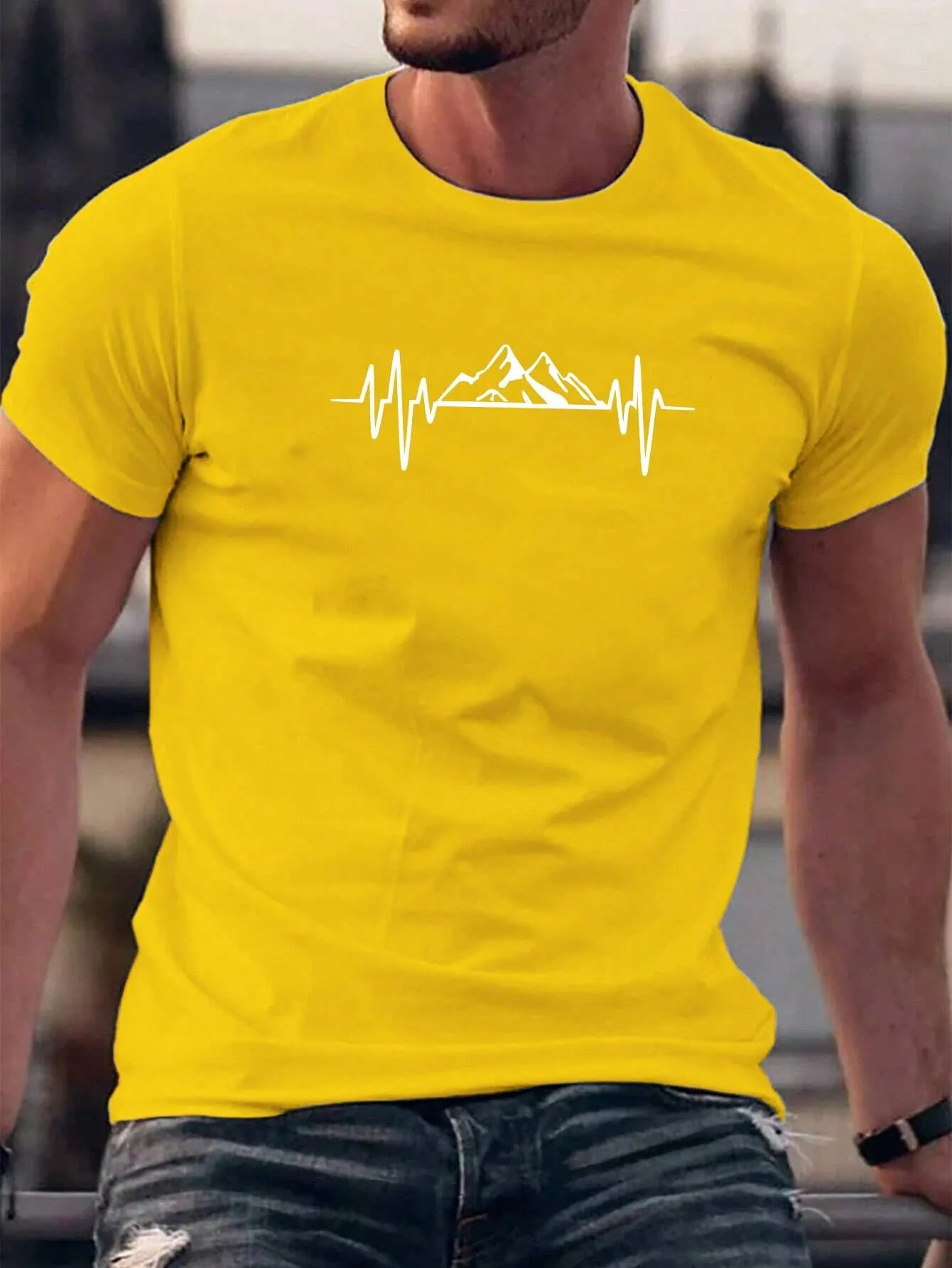 QA Homme Men's Mountain Printed Round Neck Short Sleeve T-Shirt
