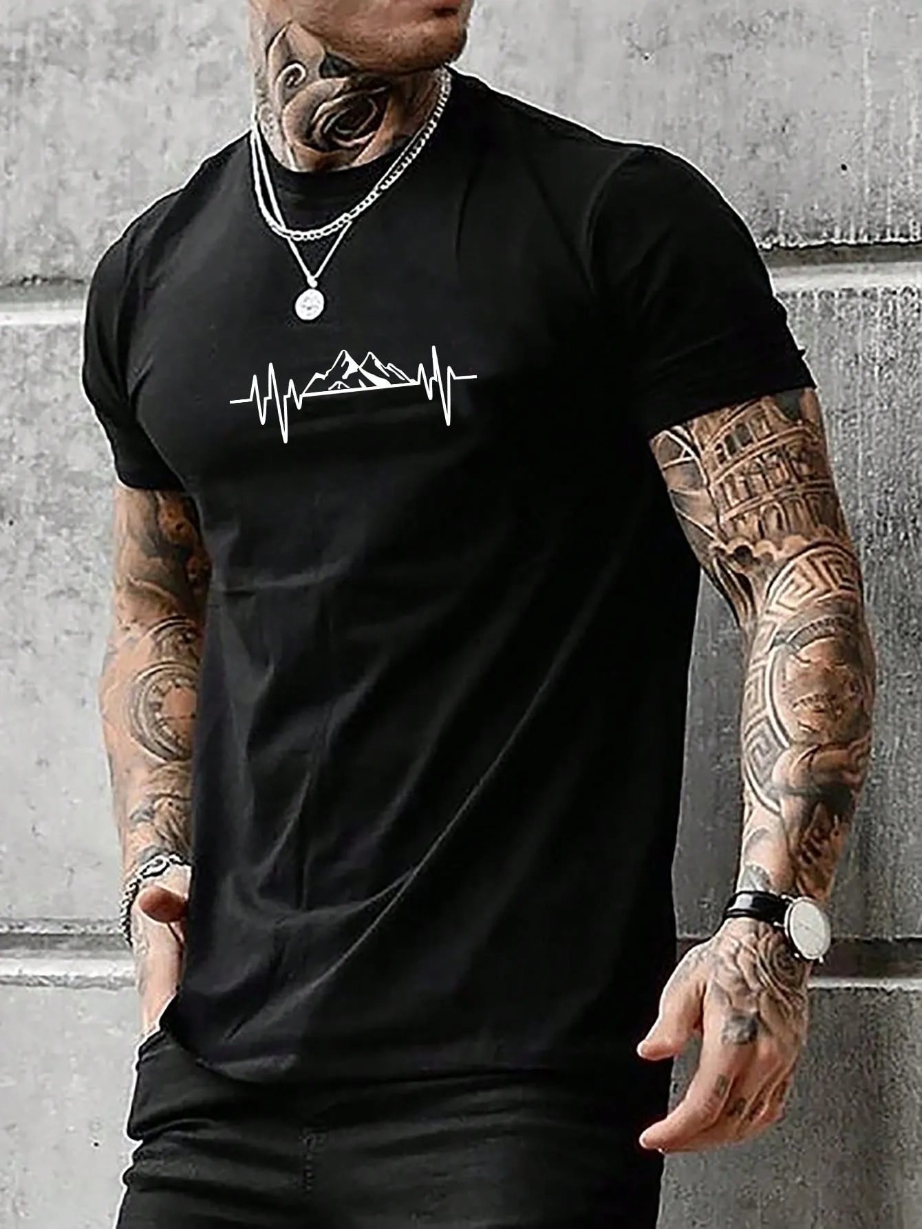 QA Homme Men's Mountain Printed Round Neck Short Sleeve T-Shirt