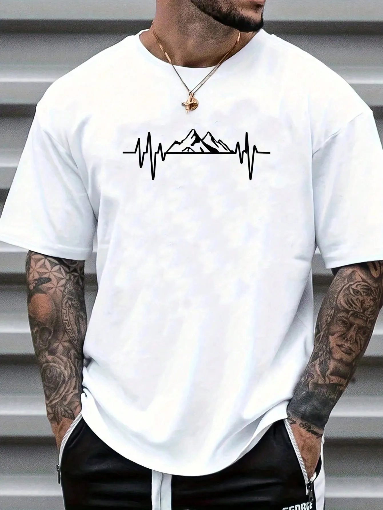 QA Homme Men's Mountain Printed Round Neck Short Sleeve T-Shirt