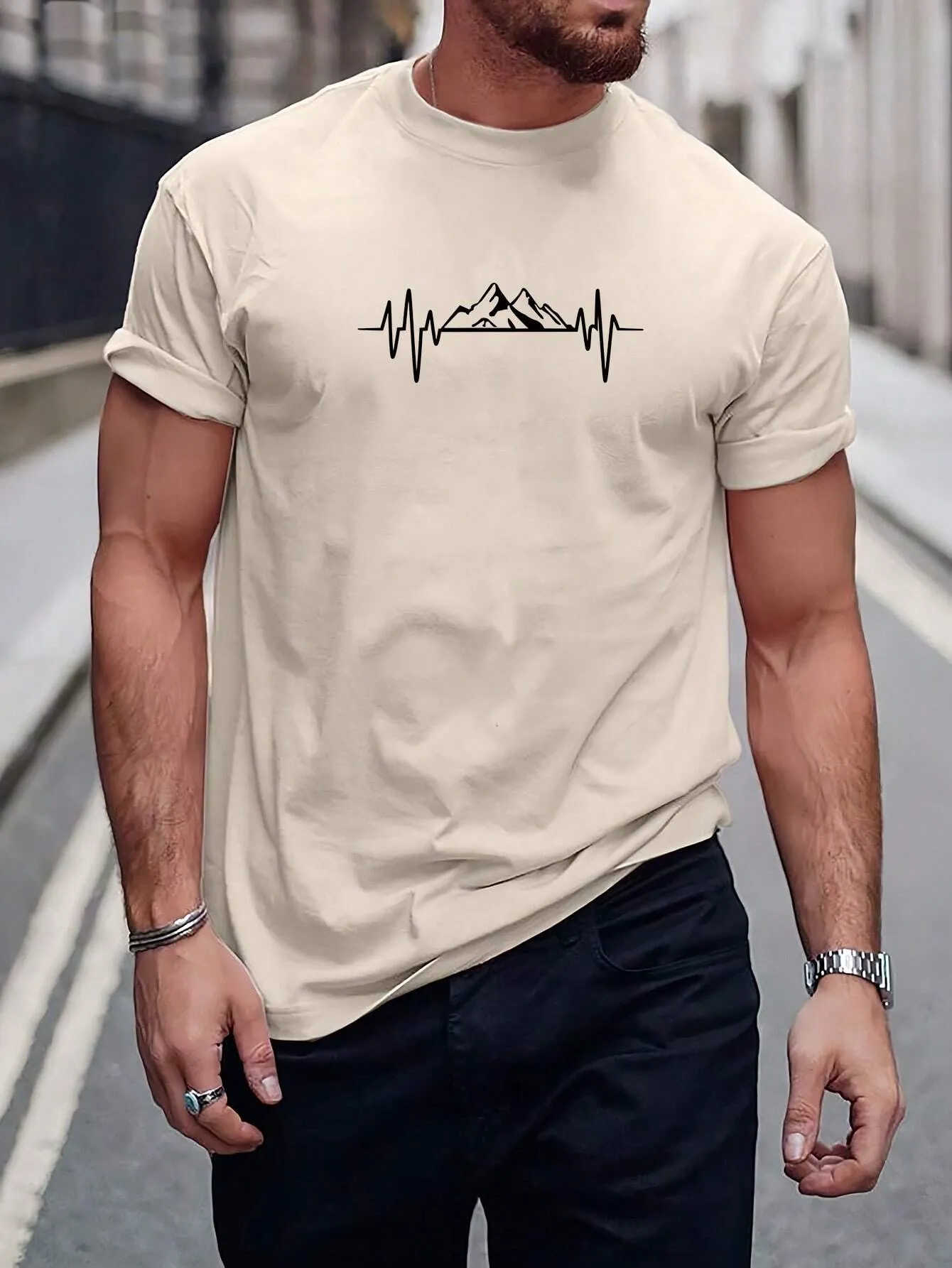 QA Homme Men's Mountain Printed Round Neck Short Sleeve T-Shirt