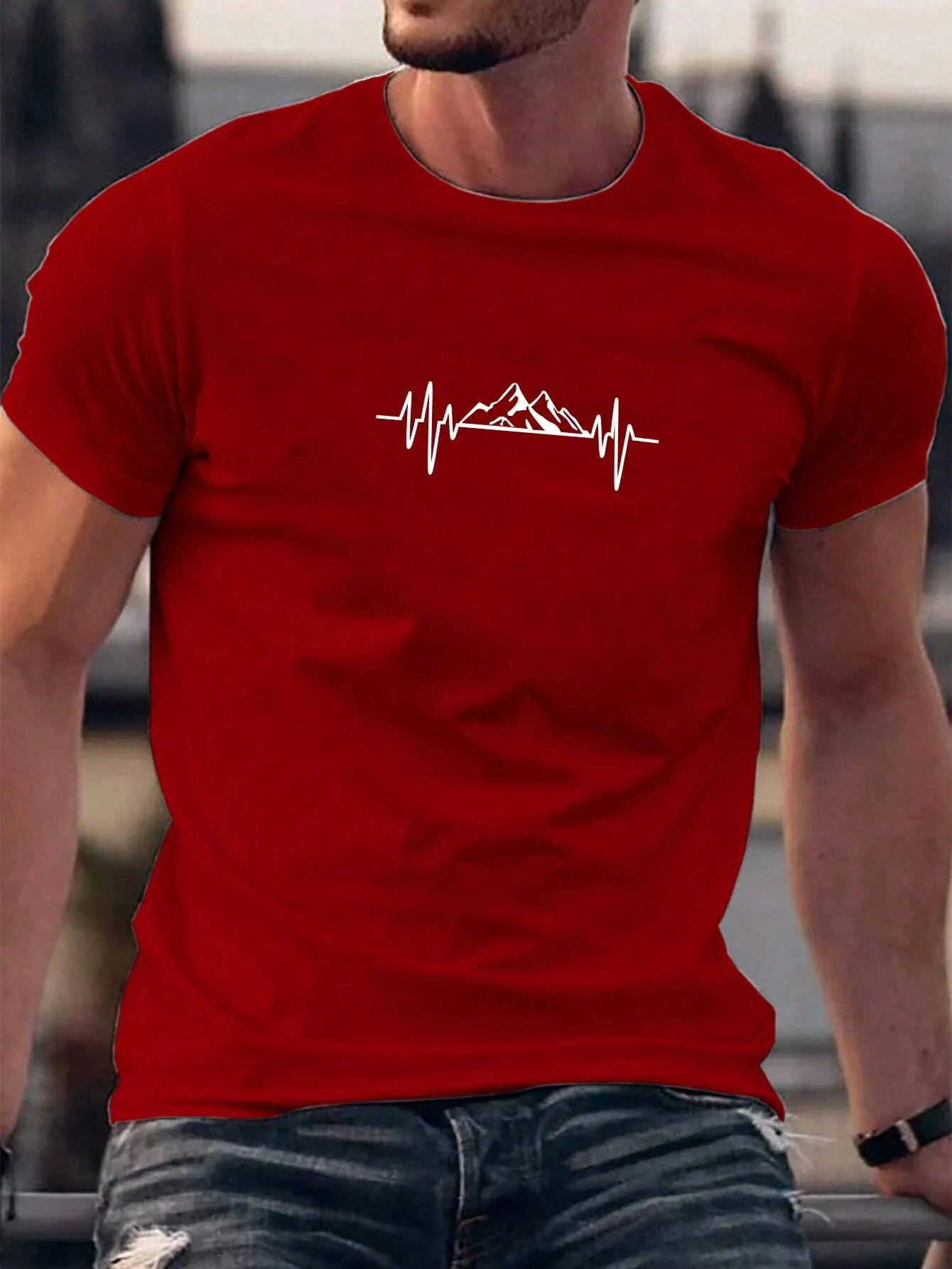 QA Homme Men's Mountain Printed Round Neck Short Sleeve T-Shirt