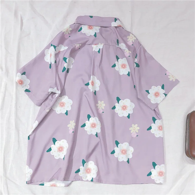 "CHIC CUTE FLOWER PURPLE " SHORT SLEEVE LOOSE SHIRT K081808