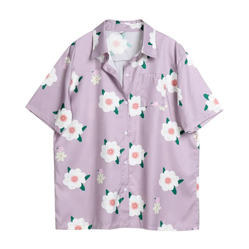 "CHIC CUTE FLOWER PURPLE " SHORT SLEEVE LOOSE SHIRT K081808