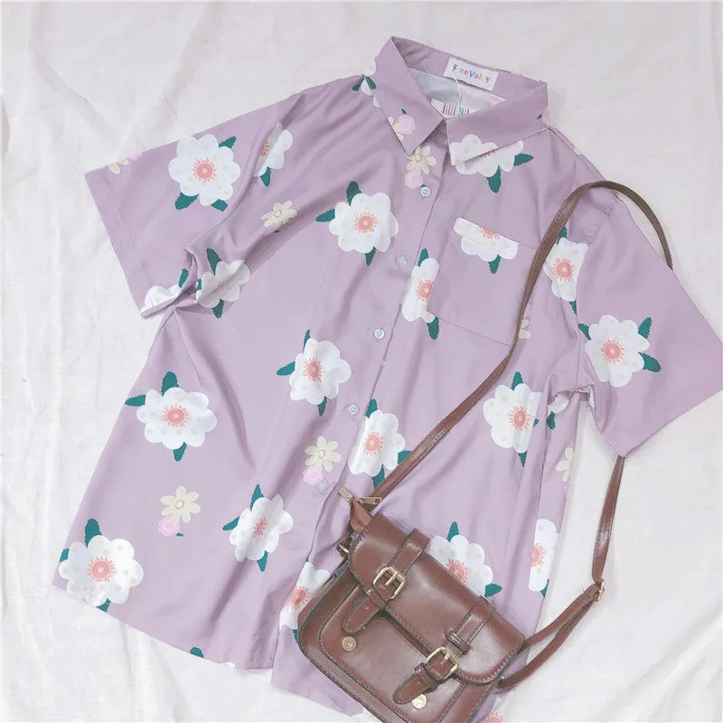 "CHIC CUTE FLOWER PURPLE " SHORT SLEEVE LOOSE SHIRT K081808