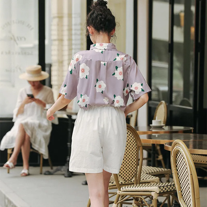"CHIC CUTE FLOWER PURPLE " SHORT SLEEVE LOOSE SHIRT K081808
