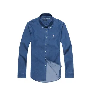 R L Fit Oxford Button-Down Pony Logo Denim Shirt - Navy Blue