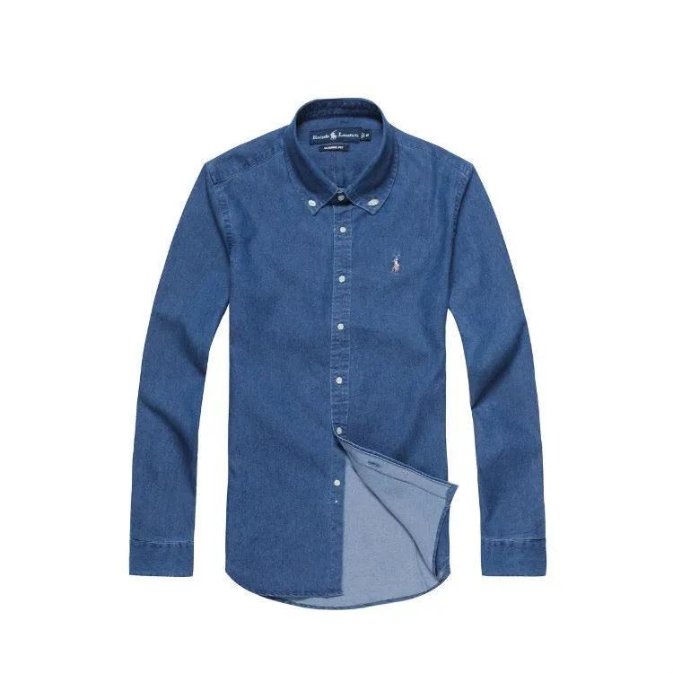 R L Fit Oxford Button-Down Pony Logo Denim Shirt - Navy Blue
