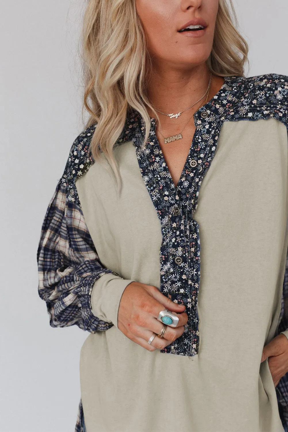 Red Floral Plaid Mixed Print Bishop Sleeve Patchwork Top